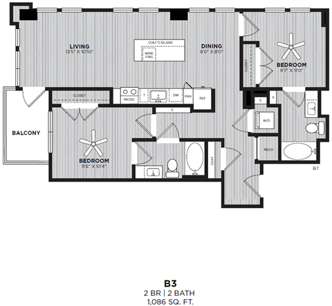 A black and white image of a floor plan for a 2 bedroom, 2 bathroom apartment.